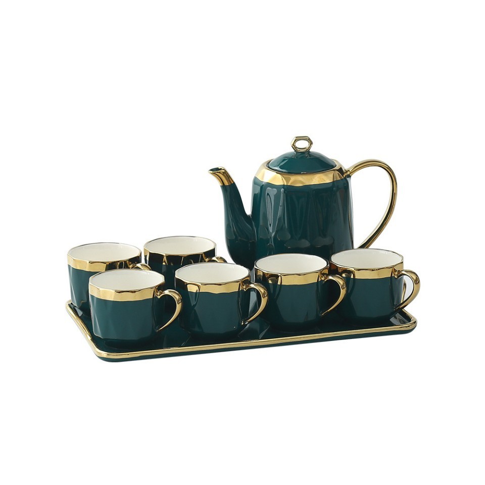 Classical design royal green porcelain coffee tea pot six cups set european luxury ceramic tea sets with gift box