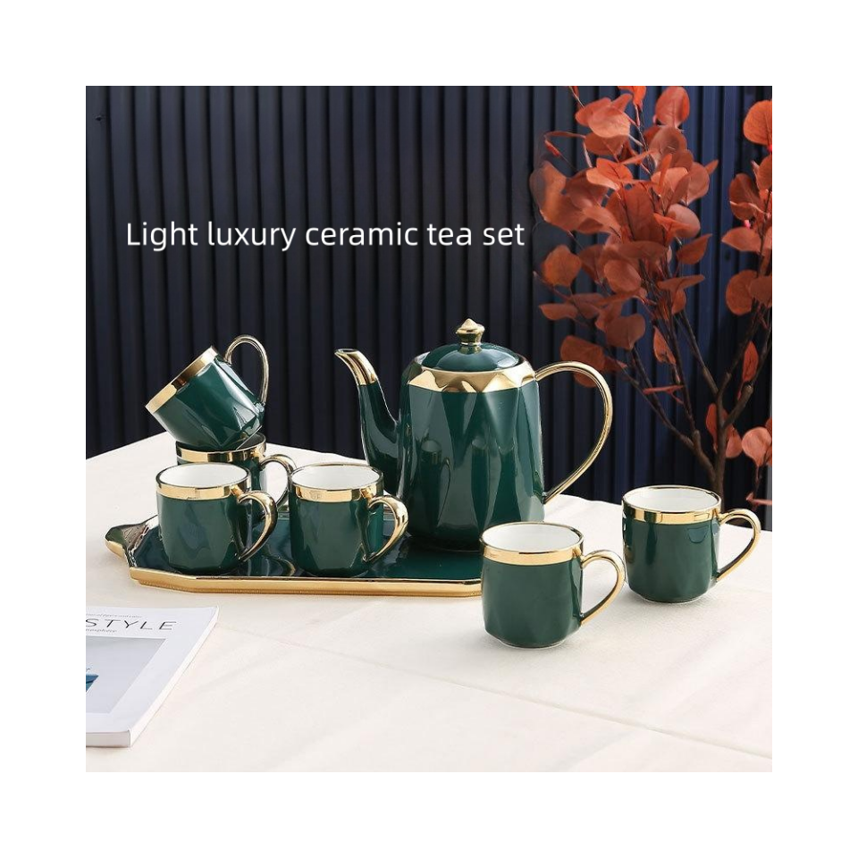 Classical design royal green porcelain coffee tea pot six cups set european luxury ceramic tea sets with gift box