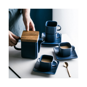 Nordic Antique Designer Wood Cover Coffee Ceramic Tea Cup Set Coffee Cups Pots Set with Stainless Steel Stainer Gift Box Gift