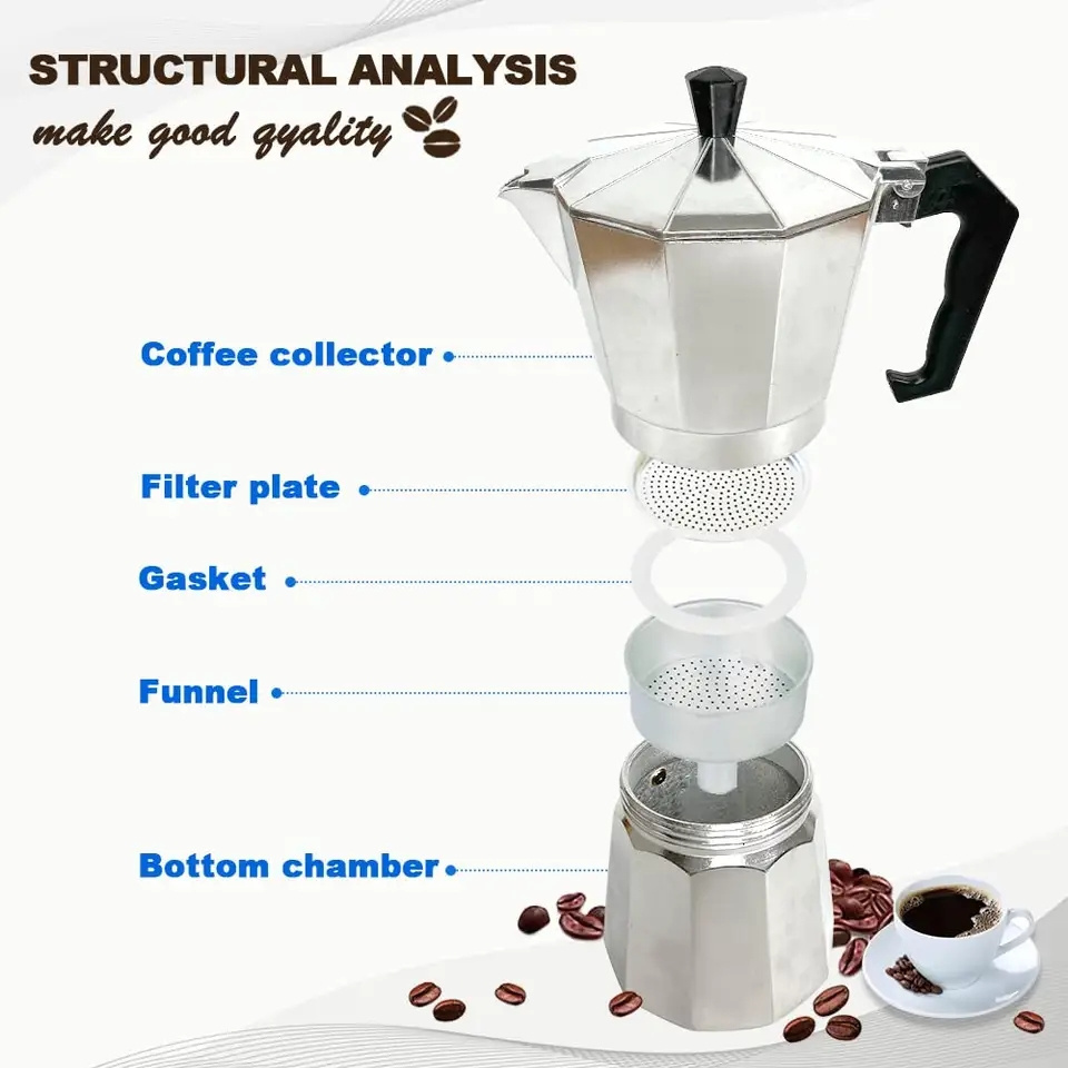 Custom portable Italian aluminum stovetop moka pot coffee maker 1/2/3/6/9/12 cup small mini espresso cafetiere for travel camp