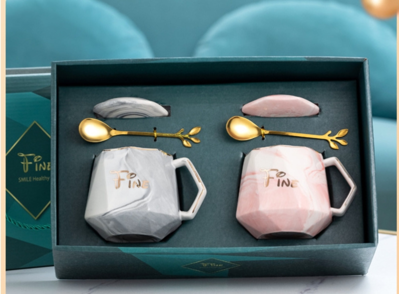 marble mr mrs mug coffee tea cup set luxury ceramic coffee mug with spoon lid gift box 12oz pink nordic cupP