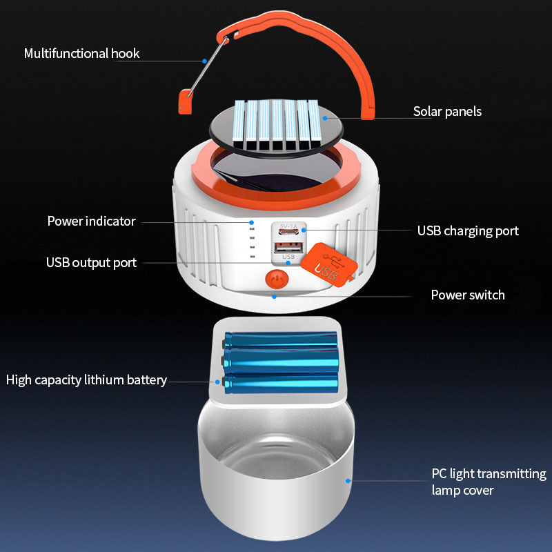 USB Rechargeable LED Camping Light Portable High Brightness 5-Gear Multi-function Solar Camping Light Outdoor