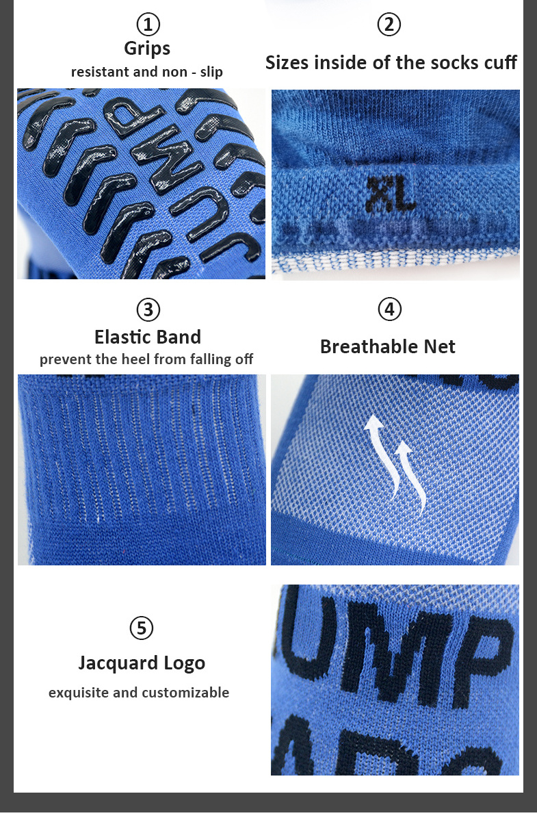 Non slip socks anti slip non skid slipper custom trampoline park grip kid sock anti slip trampoline socks in royal blue