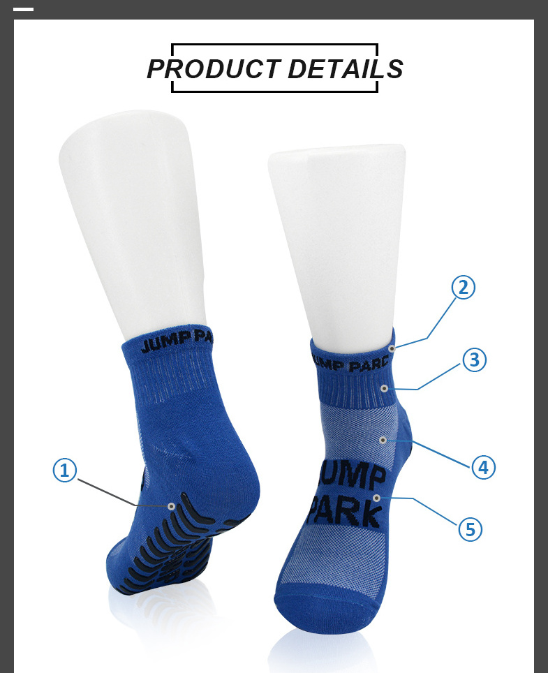 Non slip socks anti slip non skid slipper custom trampoline park grip kid sock anti slip trampoline socks in royal blue