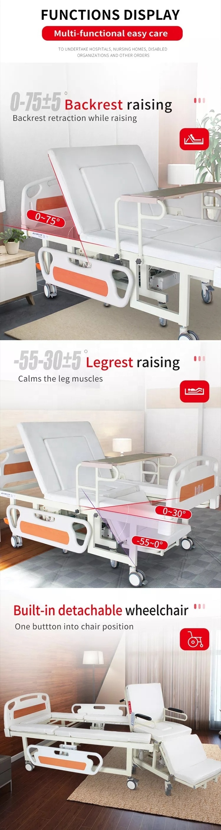 Cheap Price Medical Electric Disabled Elderly Hospital Home Care Nursing Medical Bed With Separate Wheelchair