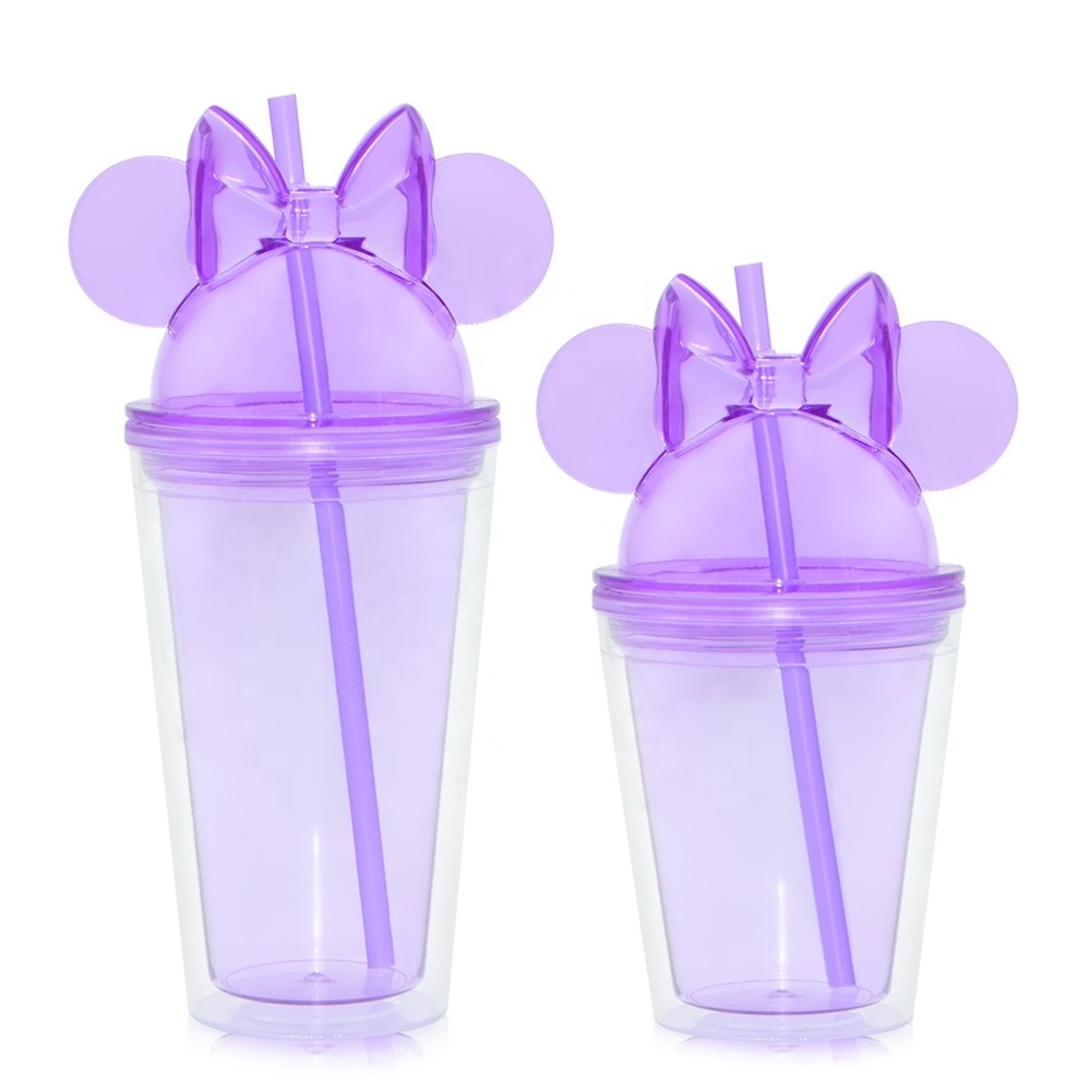 Wholesale 12oz 22oz Cute Mickey Minnie Drinking Cup Double Wall Plastic Clear Tumbler With Straw