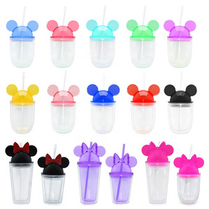 New cartoon 16oz mickey minnie ear double wall plastic cup tumbler with straw and lid girl gift