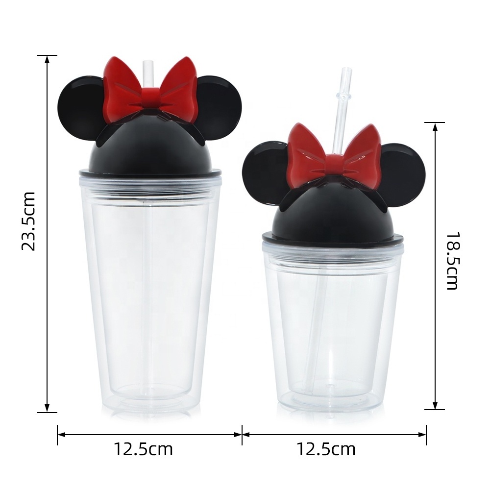 Wholesale 12oz/22oz Double Walled Mickey Minnie Ear Tumbler Lid Clear Acrylic Drinking Cup Kids Sippy Plastic Water Bottle