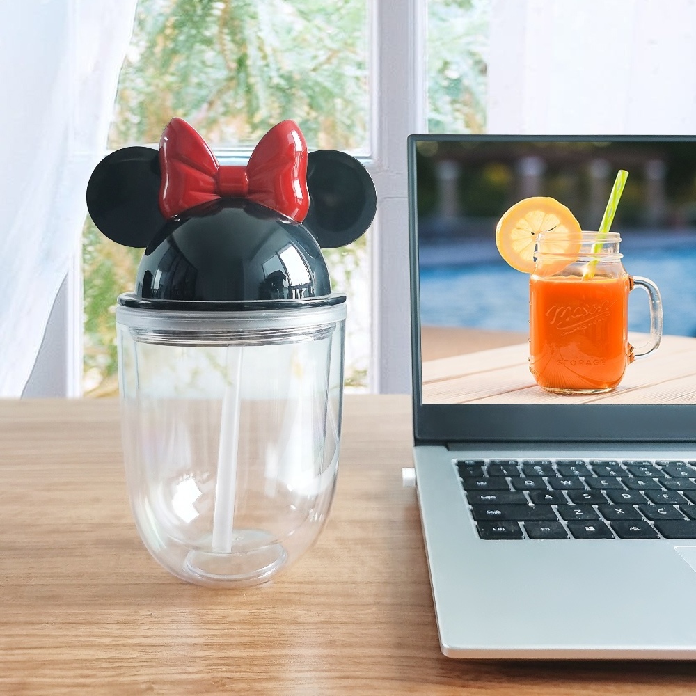 12oz Double Walled Plastic Mouse Ears Reusable Acrylic Clear Acrylic Cartoon Mugs Mouse Cup With Straw