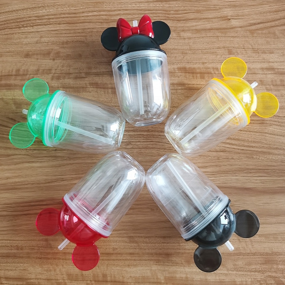 Wholesale 12oz/22oz Double Walled Mickey Minnie Ear Tumbler Lid Clear Acrylic Drinking Cup Kids Sippy Plastic Water Bottle