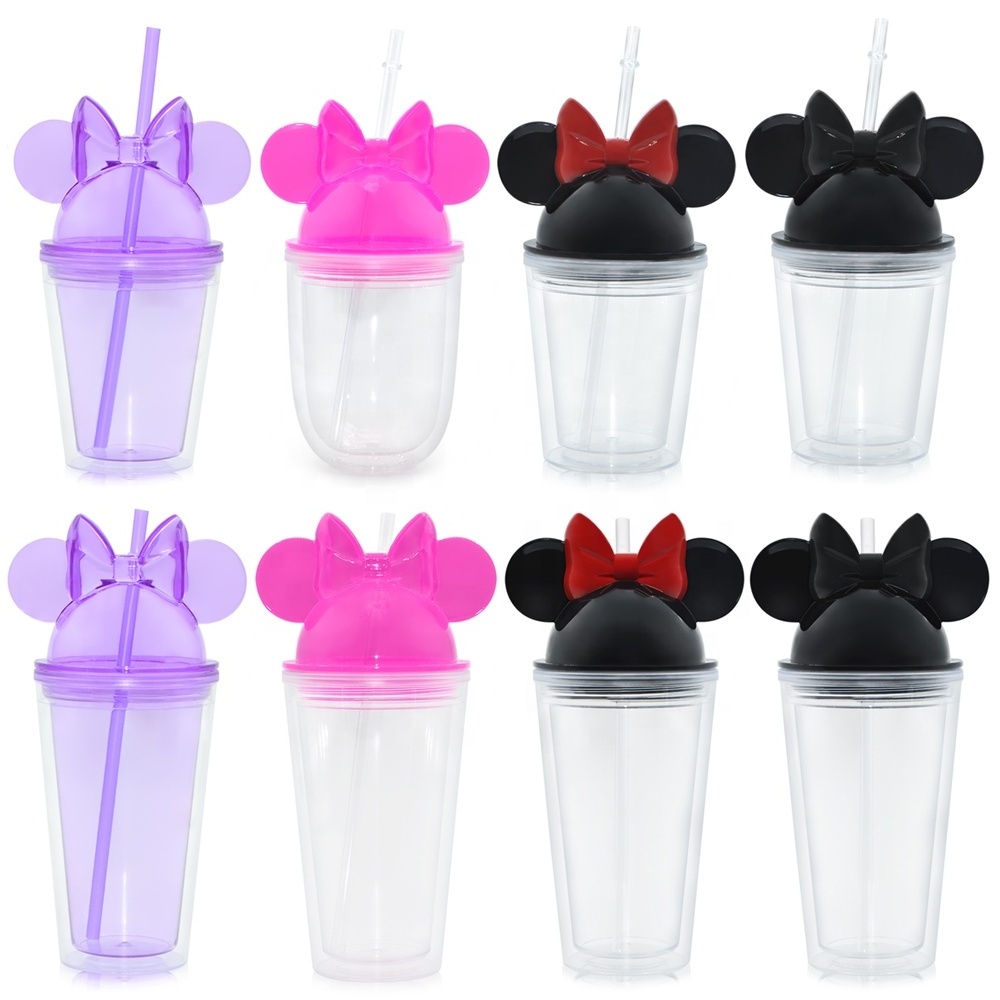 Wholesale 350ml 450ml 650ml Mickey Ear Acrylic Plastic Mini Mouse Mug Tumbler Cup With Dome Lid And Straw