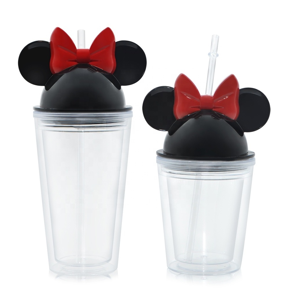 Wholesale 12oz 22oz Cute Mickey Minnie Drinking Cup Double Wall Plastic Clear Tumbler With Straw