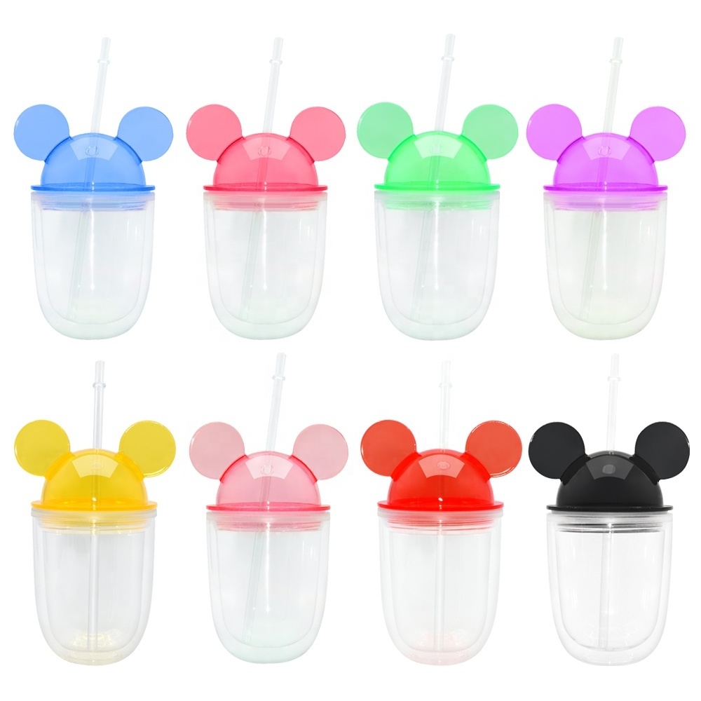 12oz Double Walled Plastic Mouse Ears Reusable Acrylic Clear Acrylic Cartoon Mugs Mouse Cup With Straw