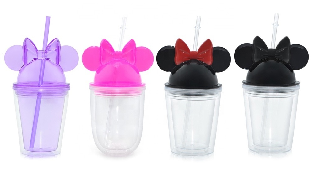 12oz Double Walled Plastic Mouse Ears Reusable Acrylic Clear Acrylic Cartoon Mugs Mouse Cup With Straw