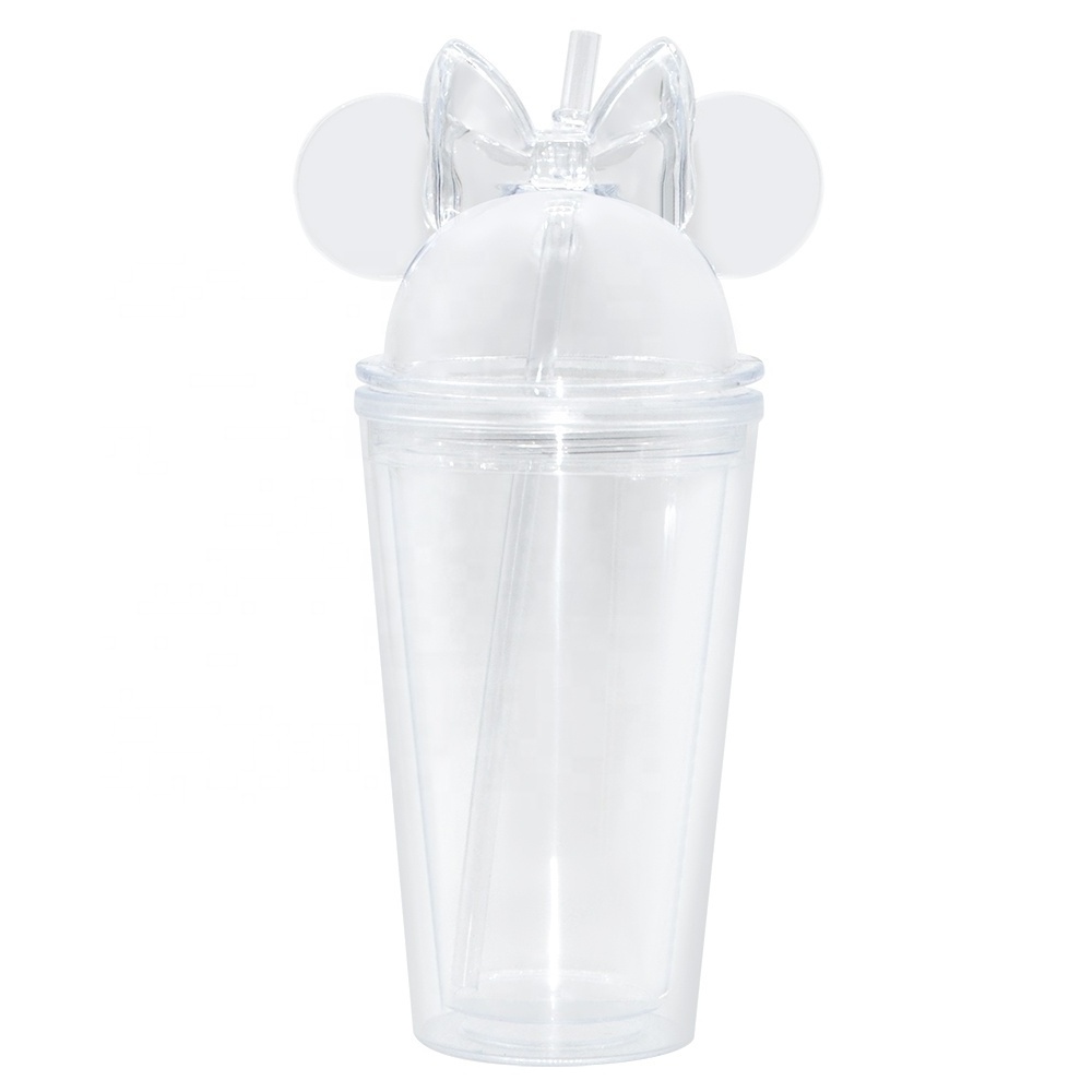 Wholesale 350ml 450ml 650ml Mickey Ear Acrylic Plastic Mini Mouse Mug Tumbler Cup With Dome Lid And Straw