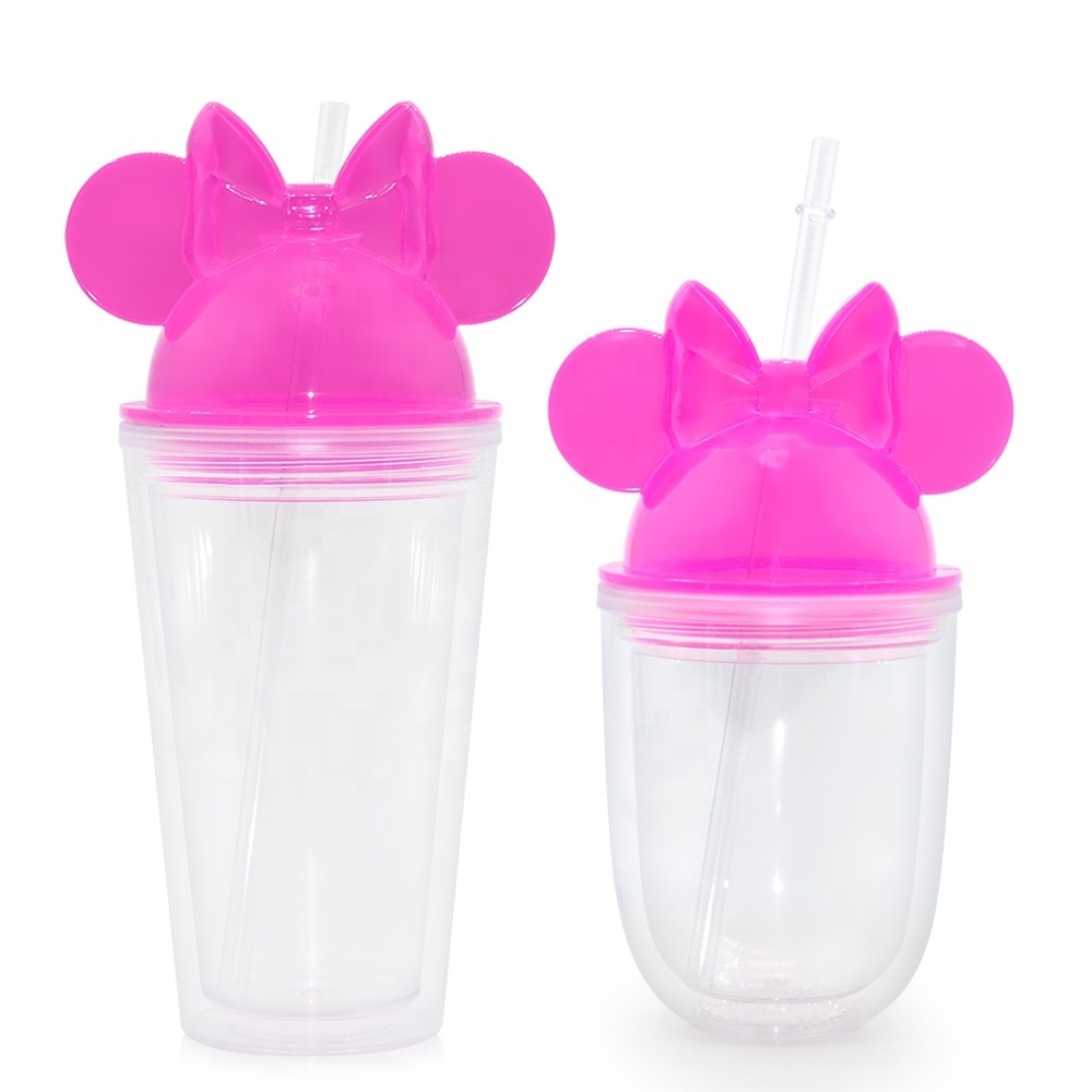 Wholesale 12oz 22oz Cute Mickey Minnie Drinking Cup Double Wall Plastic Clear Tumbler With Straw