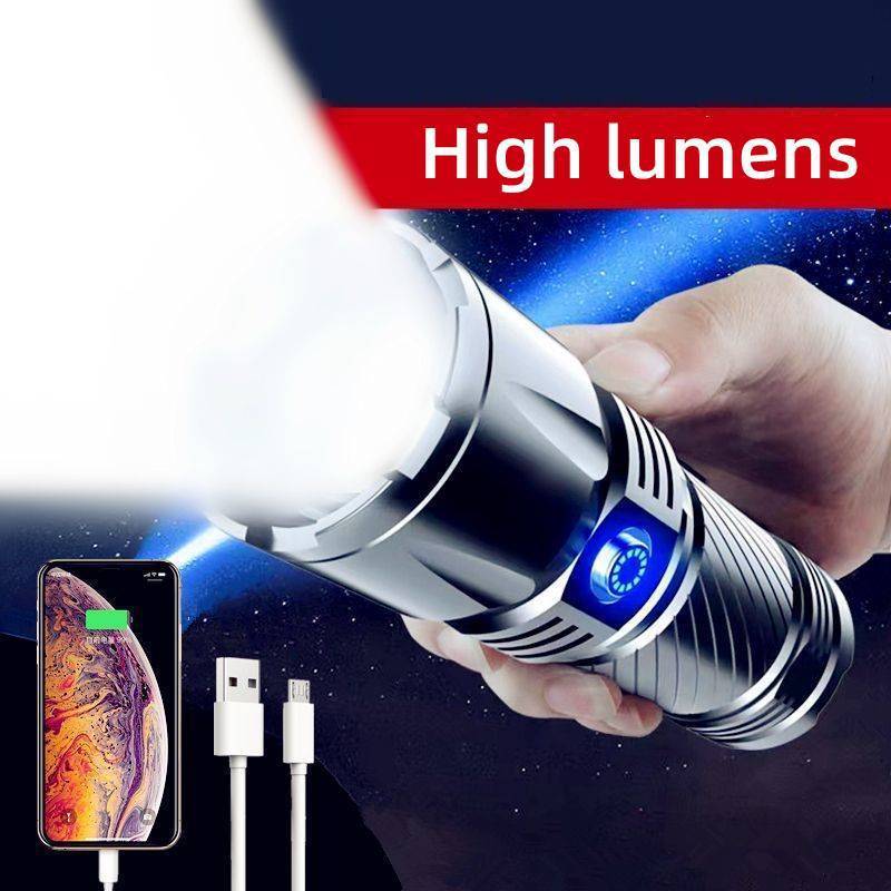 Telescopic Zoom  Powerful LED Flashlight Portable Type-C Rechargeable Laser Strong Light Flashlight