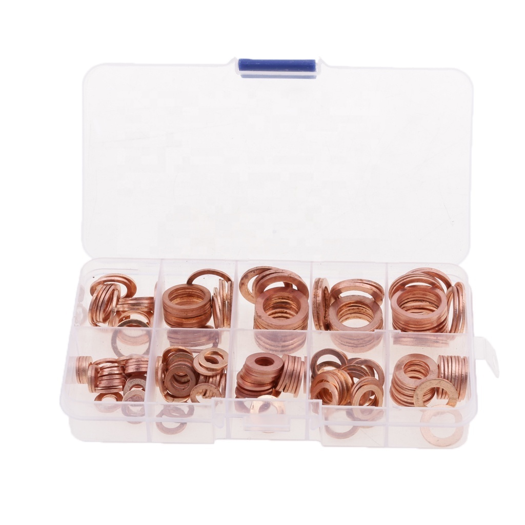 200 pcs Copper Washer Gasket Nut And Bolt Set Ring Seal Assortment Kit With Box For Sump Plugs