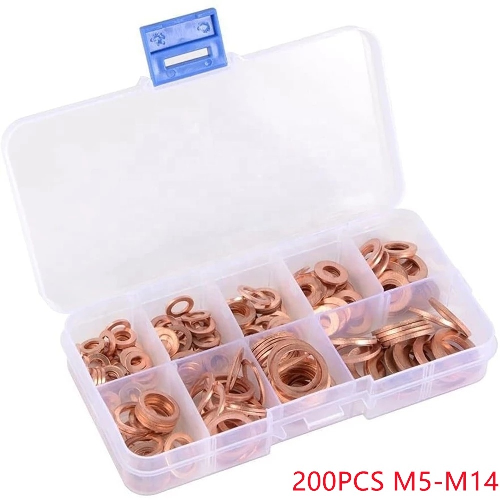 200 pcs Copper Washer Gasket Nut And Bolt Set Ring Seal Assortment Kit With Box For Sump Plugs