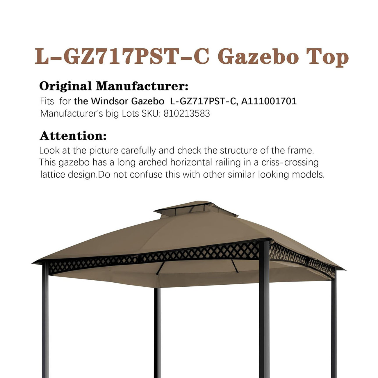 SCOCANOPY Replacement Canopy Top Cover for Oakmont Gazebo L-GZ717PST-C, 810213583, Khaki