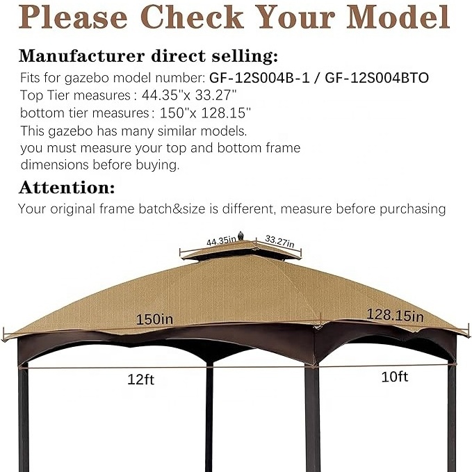 SCOCANOPY Universal Ripstop Tent Canopy Replacement Cover Top 10x12 Lowe's Allen Roth Gazebo with 2 Tier for Garden and Backyard