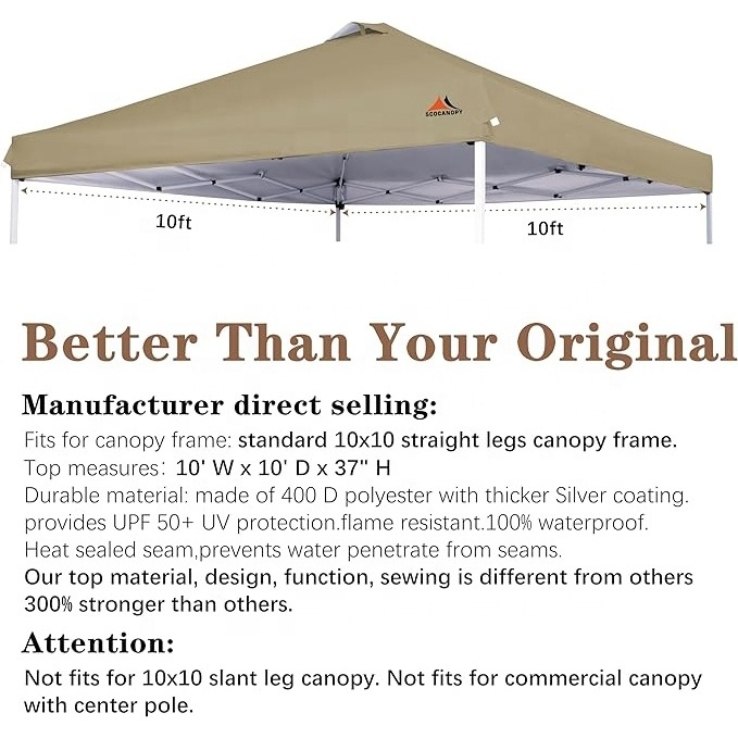 SCOCANOPY Waterproof 10x10 Grill Pop Up Canopy Cover Tent Replacement Top with Air Vent for Outdoor Event Khaki