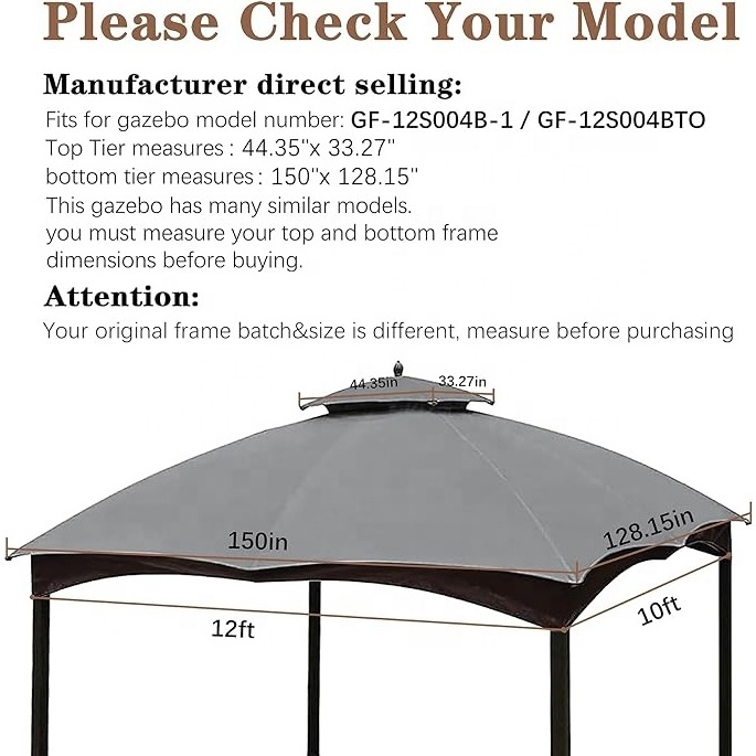 SCOCANOPY Rainproof Sun Protection Tent Canopy Replacement Top Cover Marquee for Lowe's Allen Roth 10x12 Gazebo with Two Tiers