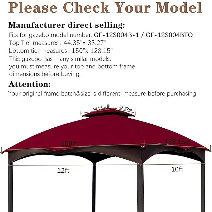 SCOCANOPY 10x12 High Quality Sun Protection Tent Canopy Replacement Cover Roof Top for Lowe's Allen Roth Gazebo for Outdoor