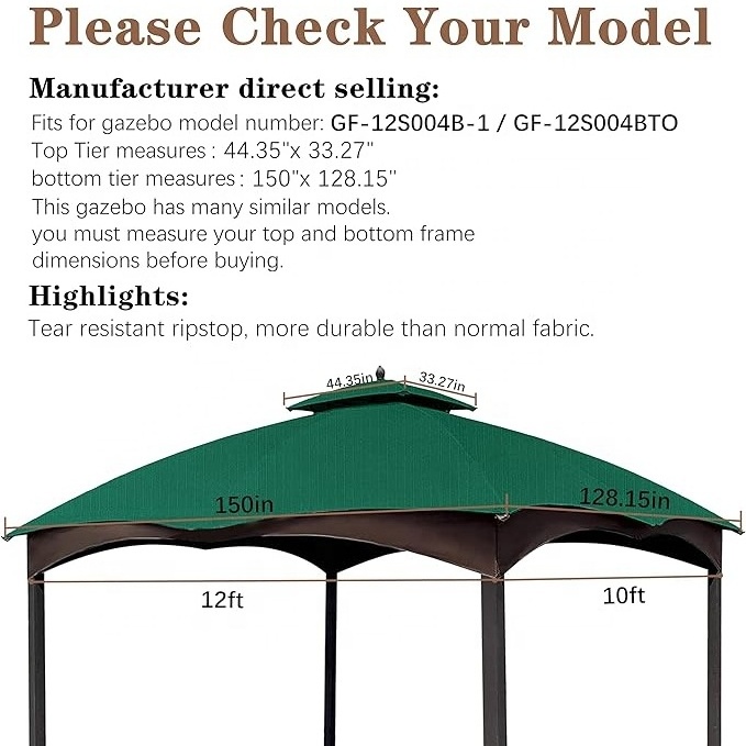 SCOCANOPY UV Protection Portable 10x12 Canopy Replacement Tops Tent Cover for Lowe's Allen Roth Gazebo to Outdoor or Market