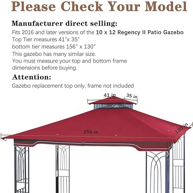 SCOCANOPY Soft Roof Gazebo Cloth Top Replacement 10x12 for Regency II Pergola Canopy 100% Waterproof Sunproof Two Tiers Burgundy