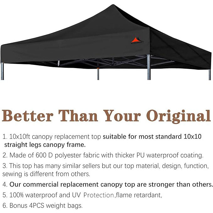 SCOCANOPY Waterproof Pop Up Folding 10 by 10 First Up Canopy Tent Replacement Top Only 10x10 Bonus 4 Pack Weight Bag Black