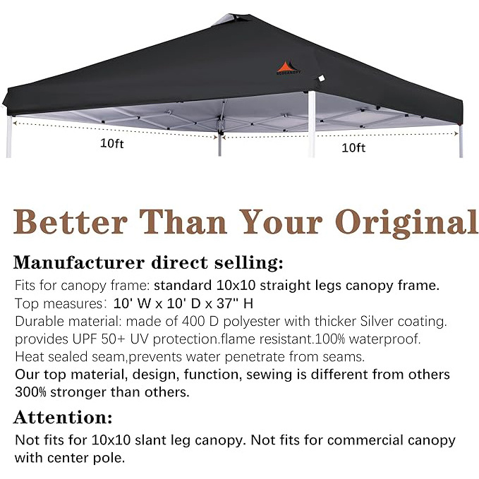 SCOCANOPY Waterproof Windproof Replacement Folding Tent Roof Replacement 10x10 Canopy Top with Air Vent Black