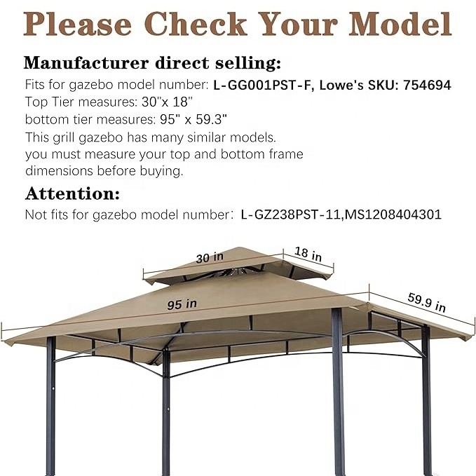 SCOCANOPY Factory Custom Double Roof 8x5ft Gazebo Canopy Replacement Top Tent Cover for Patio Outdoor Grill Barbecue Khaki