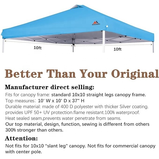 SCOCANOPY High Density Silver Coating Canopy Replacement Top for 10x10 Pop Up Tent with Air Vent Outdoor Traveling SkyBlue