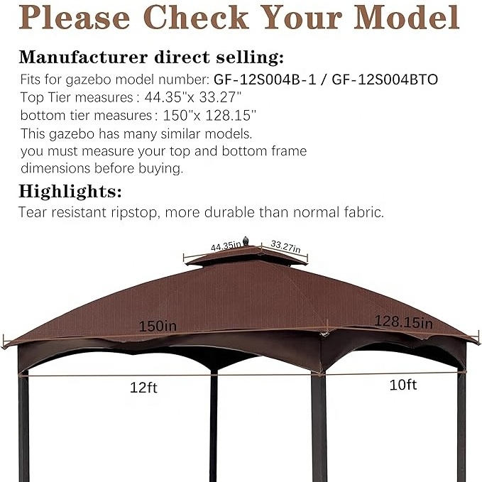 SCOCANOPY Heavy Duty Water Resistant 10x12 Canopy Replacement Tops Cover for Lowe's Allen Roth Gazebo with Double Tiers