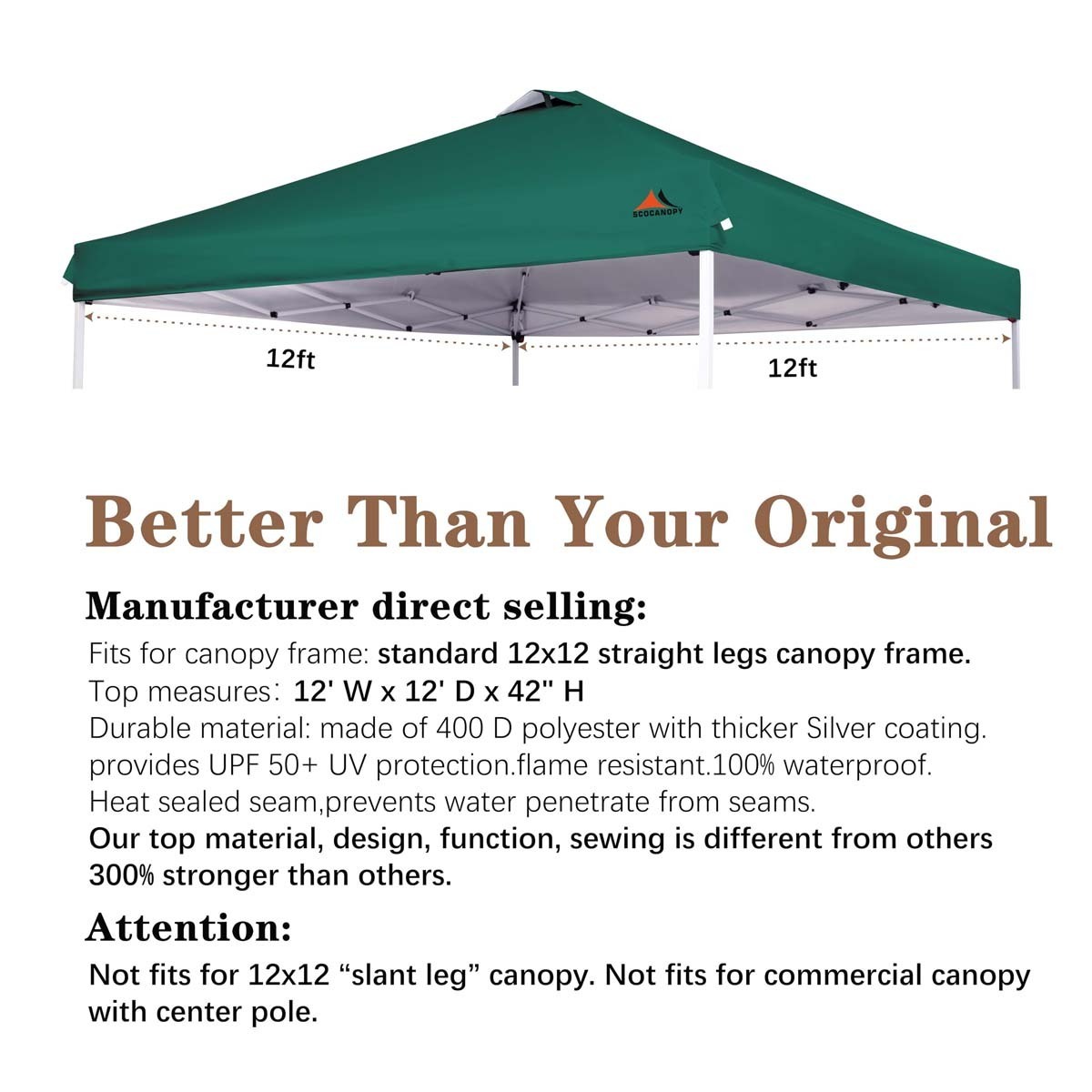 SCOCANOPY Replacement Top with Air Vent for 12x12 Canopy Frame, Canopy Cover ONLY Dark green