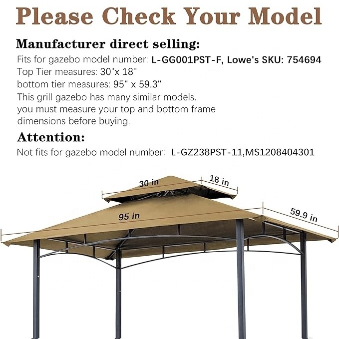 SCOCANOPY Sunshade Rain Protection Gazebo Canopy Tent Replacement Roof for 8x5ft Grill BBQ Pergola with Ripstop Polyester Beige