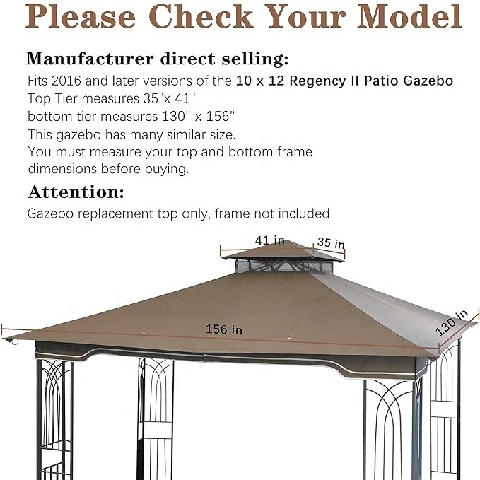 SCOCANOPY Patio bbq Canopy Roof Cover Replacement for 10x12 Regency II Gazebo Tent UV Protection Windproof with PU coated Khaki