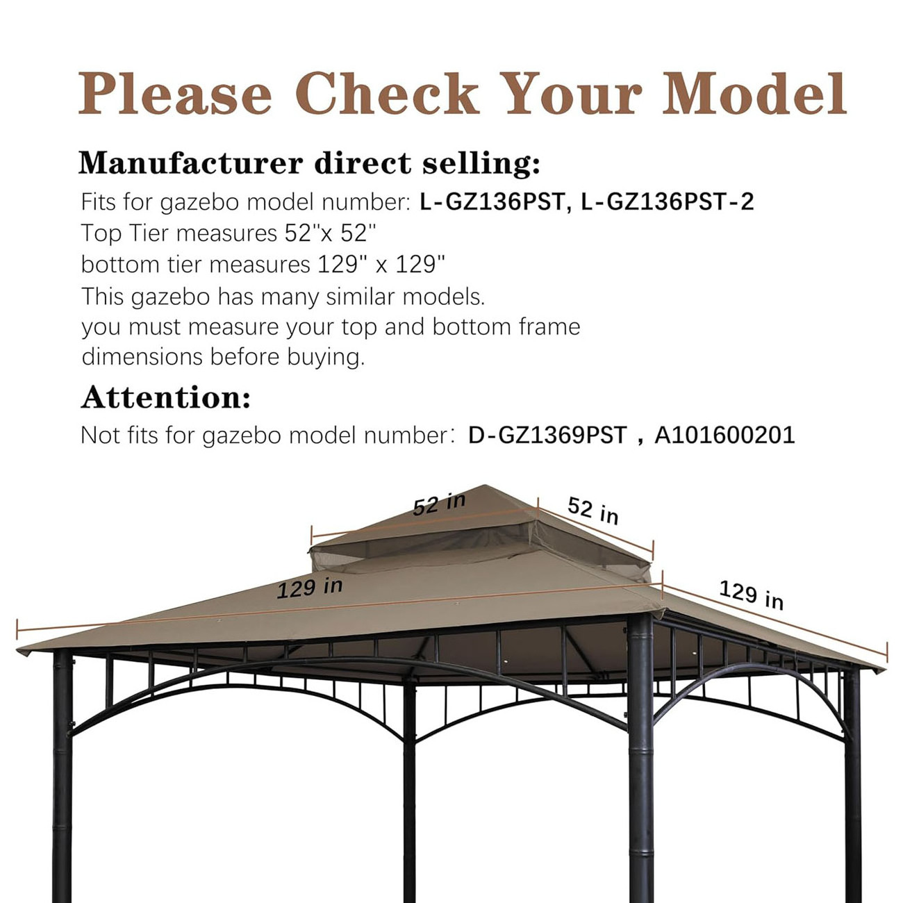 SCOCANOPY Khaki Custom Tent Outdoor  Backyard Gazebo  Replacement Roof For Target Madaga  Model L GZ136PST