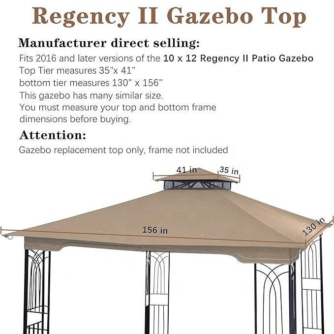 SCOCANOPY 2 Tier 10 by 12 Replacement Canopy for 10x12 Regency II BBQ Gazebo Ripstop Polyester to Garden Amusement Light Beige