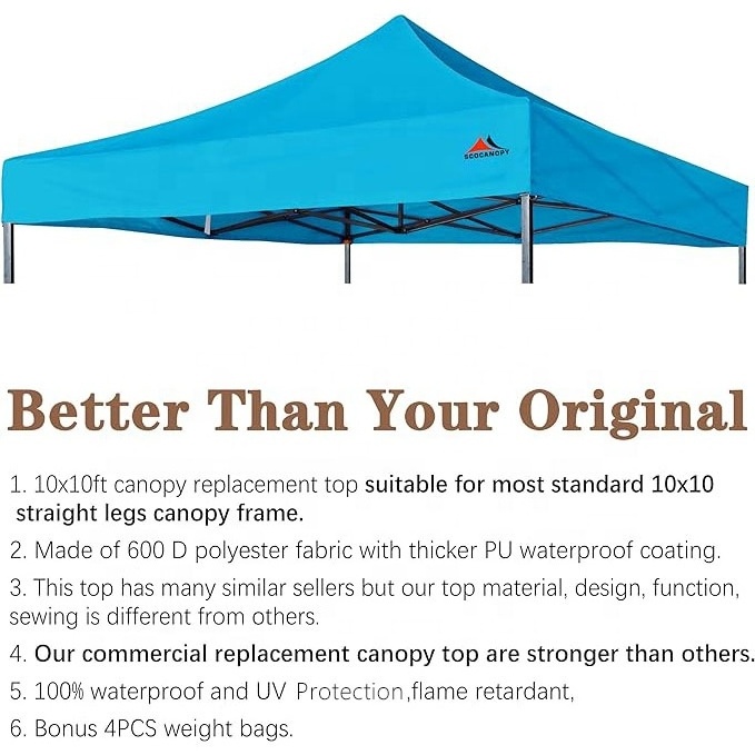 SCOCANOPY Straight Leg Pop-up Canopy Tent Replacement Top Cover 10x10 Free Gift Four Sand Bags for Outdoor Camping Skyblue