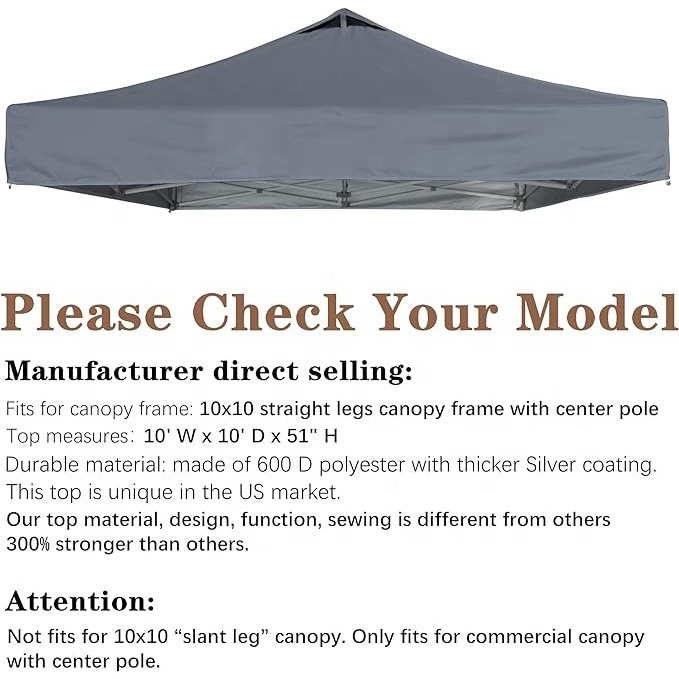 SCOCANOPY 10x10 Canopy Replacement Top with Air Vent for Pop Up Tent, UV Protection, Waterproof and Windproof Tent Roof Gray