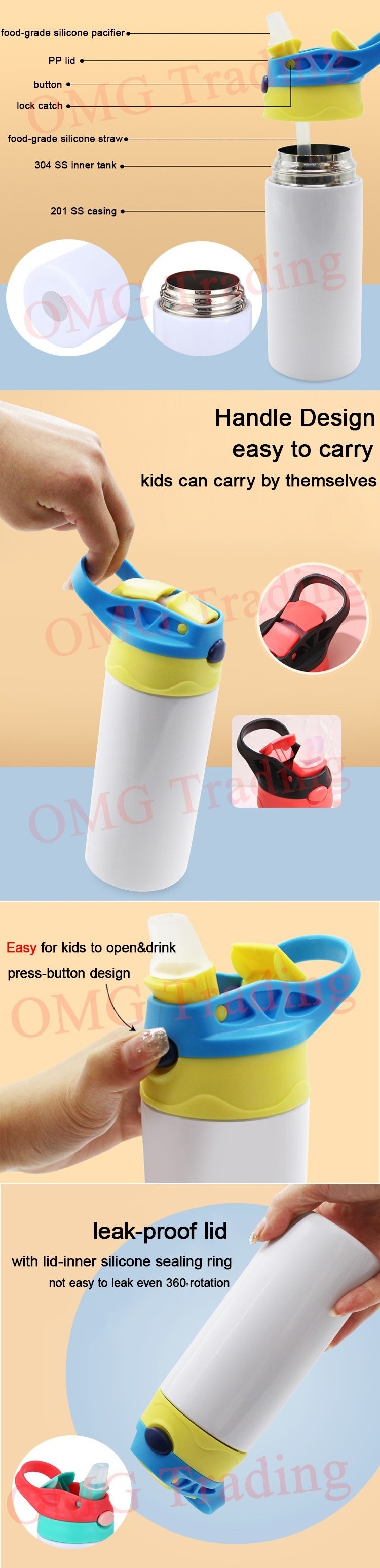 US warehouse wholesale bulk stainless steel sublimation blanks tumblers sippy cup straight 12oz flip top kids water bottle