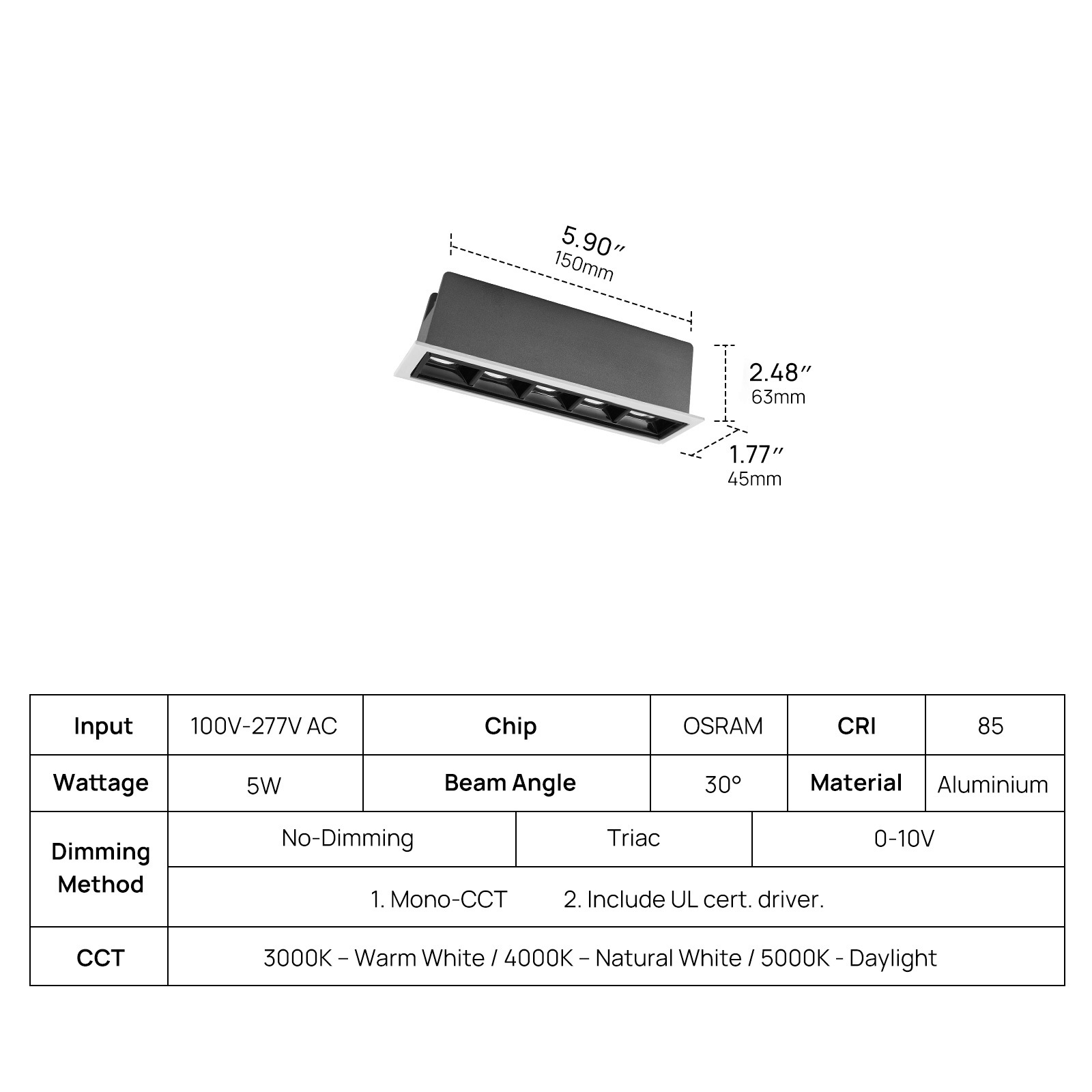 SCON High Quality Long Lifespan Recessed Indoor Office Building 2W 4W 10W 20W 30W LED Linear Grille Light