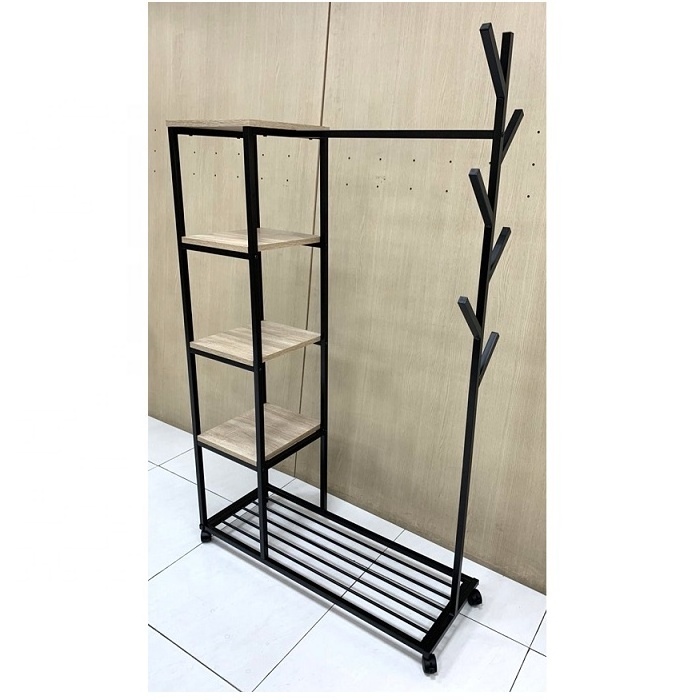 Clothing rack with 5 Tier bedroom wooden clothes hanger stand with 4 casters