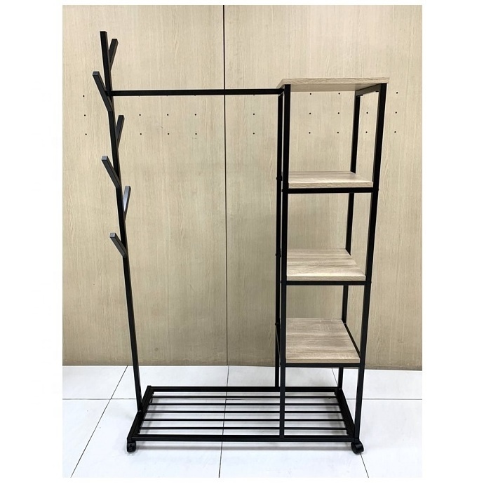 Clothing rack with 5 Tier bedroom wooden clothes hanger stand with 4 casters