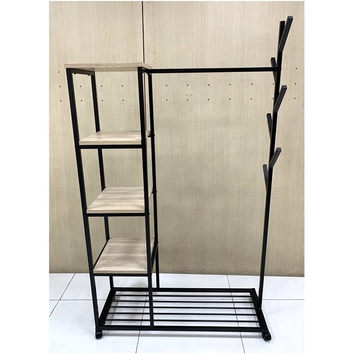 Clothing rack with 5 Tier bedroom wooden clothes hanger stand with 4 casters