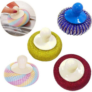 Kitchen Round Dish Sponges Scourer Cleaning Ball with Handle,Multi-Purpose Scrub Scrubber Sponge Pads Ball for Pot Pan Dish Wash