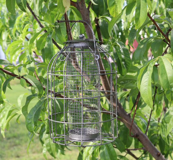 Outdoor Hanging Mesh Bird Feeder Cage Squirrel Proof Wild Bird Feeder with Large Metal Seed Guard Deterrent