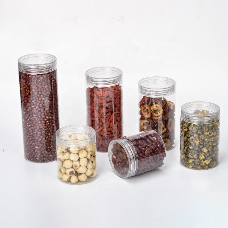 China Manufacture wide mouth pet clear candy packaging plastic round container candy jars with transparent lids